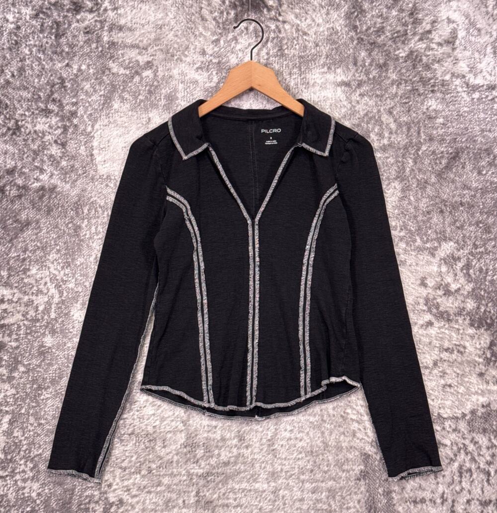 Anthropologie Shirt Small Womens Pilcro Stitched Long Sleeve Top Collared